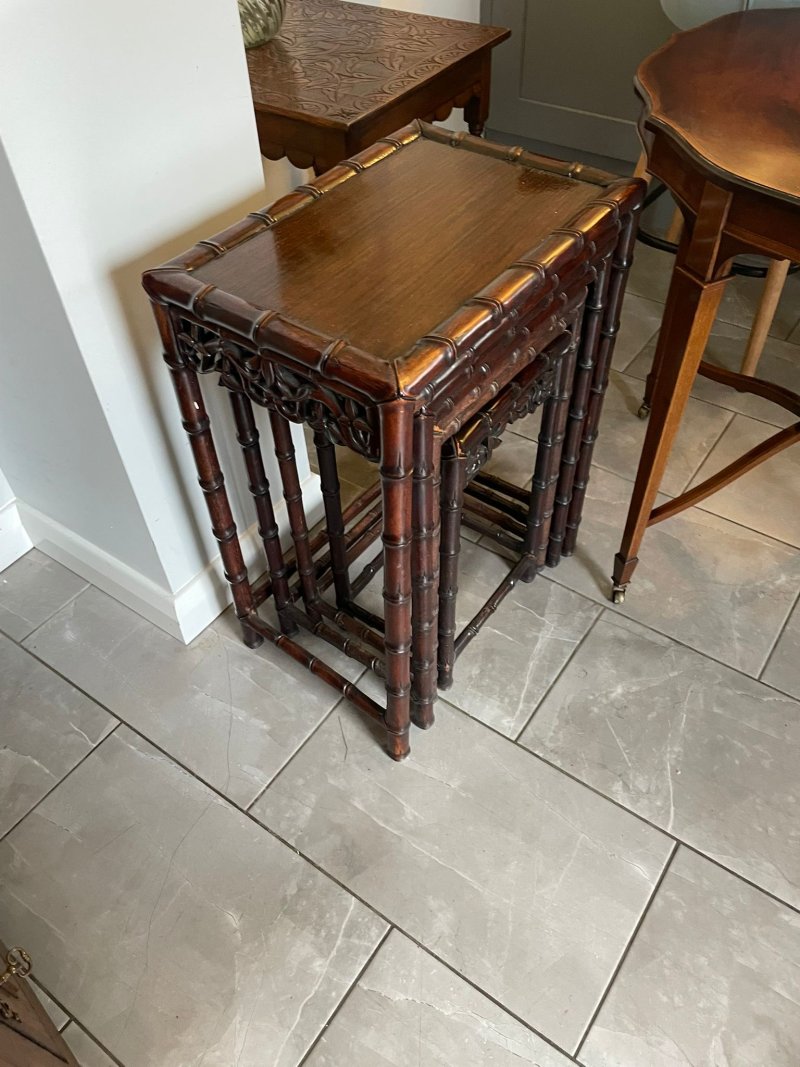 Antique 19th Century Oriental Carved Faux Bamboo Freestanding Nest of Tables